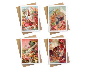 Set of 4 A6 Blank Any Ocassion Tropical Greetings Cards Fine Art Vintage Retro Notecards