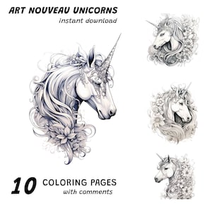 10 Art Nouveau Unicorns Coloring Pages, art deco for adults JPEG/PDF format, Instant Download