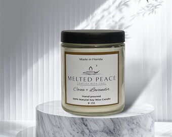 CACAO + LAVANDA Vela de cera de mezcla de soja 100% vertida a mano 8oz Reductor de ansiedad