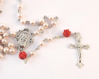 Handmade Rosary with Light Pink Pearl Beads & Red Roses | Immaculate Heart of Mary Center | Catholic Prayer Beads