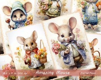 Floral Mouse Junk Journal Pages, Digital Scrapbook Paper Kit, Watercolor Easter Mouse Printable, Floral Collage Sheet, Spring Ephemera