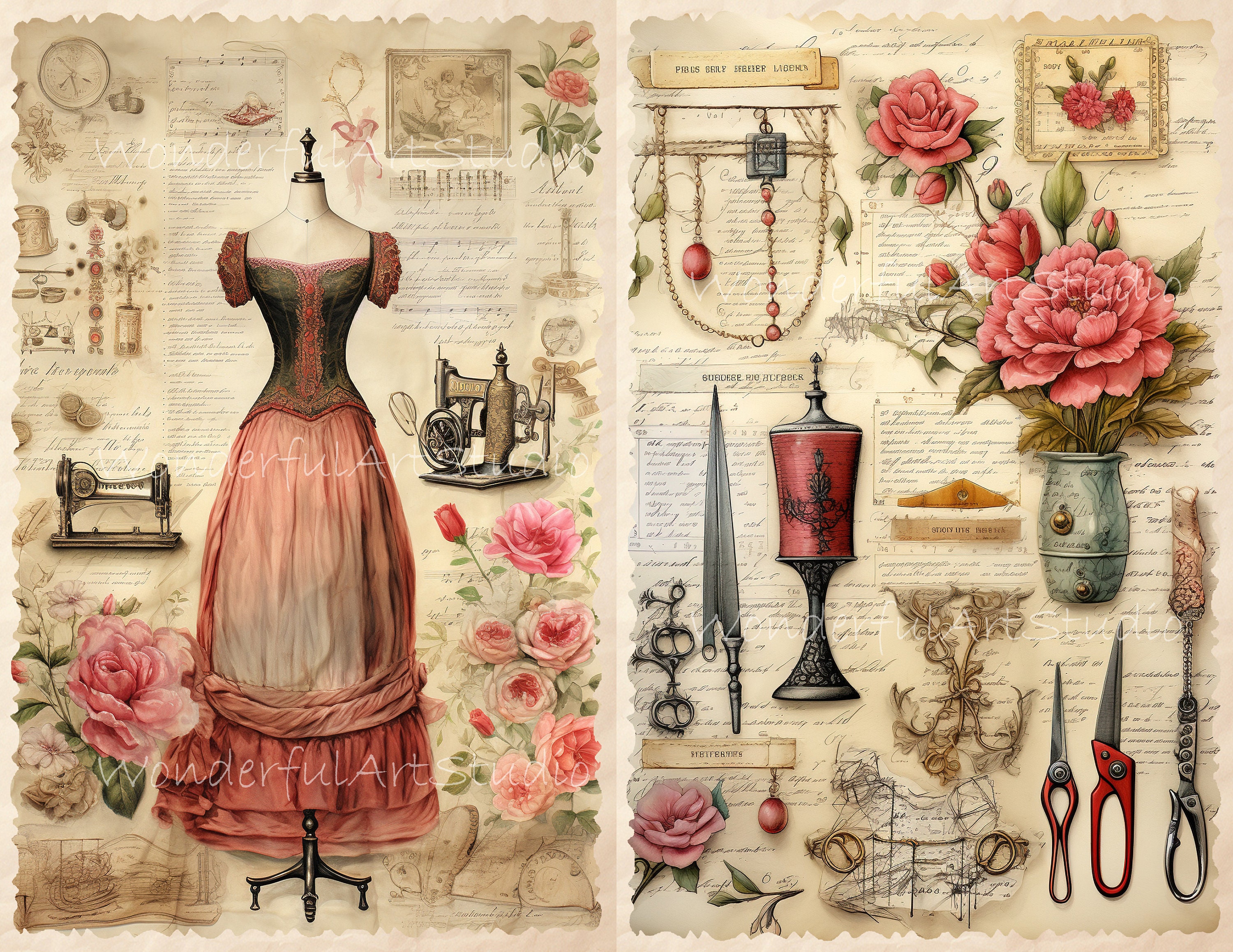 Sewing Junk Journal, Vintage Seamstress Journal Pages, Watercolor Sewing Junk Journal Printable ...