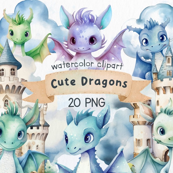 Baby Dragons Watercolor Clipart, Dragons and Castles, Nursery Illustration, Sublimation Design, Baby Shower Design, PNG