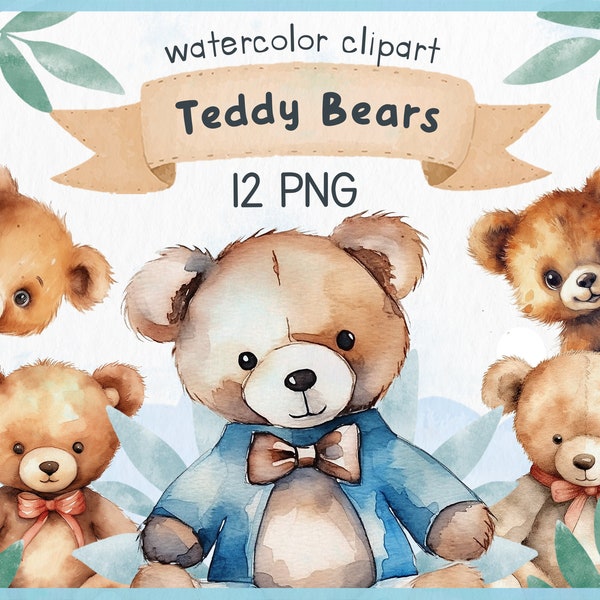 12 Teddybären Aquarell Clipart, niedlicher Bär, Baby-Dusche, Kinderzimmer Dekor, Baby Bär PNG