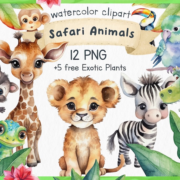 12 Safari Baby Animals Clipart, Baby Jungle Animals, Nursery Decor, Baby Shower, PNG