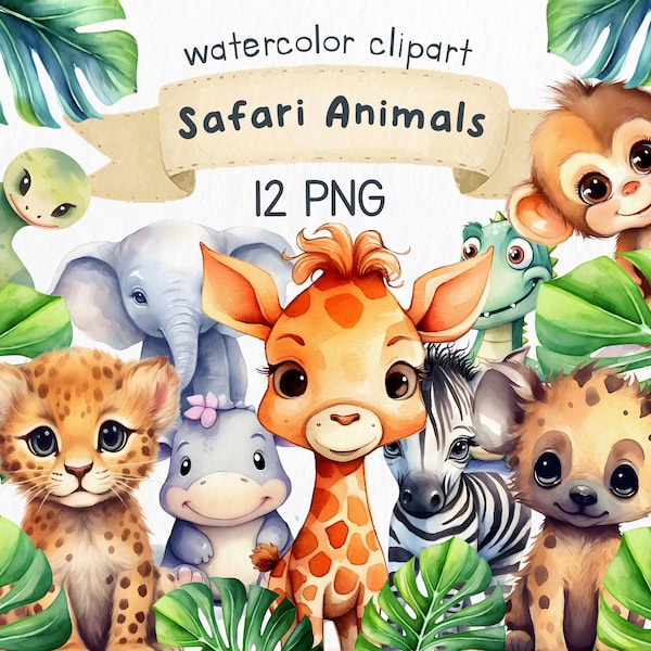 Cute Safari Animals Clipart, Baby Jungle Animals, Nursery Decor, Baby Shower, PNG