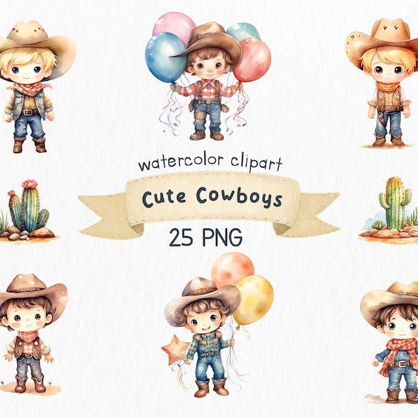 Little Cowboys Watercolor Clipart, Cute Cowboys, Baby Shower Decoration, Birthday Clipart, Children Wall Decor, PNG