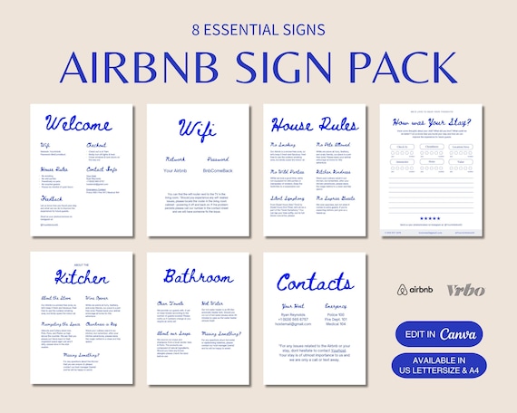 Airbnb Sign Bundle Template | Airbnb Signage | Printable | Canva | Vacation Rental | Airbnb Welcome | House Rules | Wifi Sign | Simple Signs