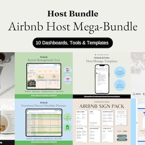 May include: A digital marketing bundle for Airbnb and Vrbo hosts. The bundle includes 10 dashboards, tools, and templates to help hosts manage their rentals, communicate with guests, and create a welcoming experience. The bundle includes a rental management tool, host message templates, a welcome guide, a furniture and decor checklist, and a cleaning checklist.