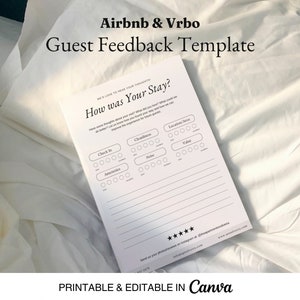 Könnte beinhalten: Ein weißes Gästefeedback-Formular für Airbnb und Vrbo mit dem Text "How was Your Stay?" und Bewertungsabschnitten für Sauberkeit, Lärm und Ausstattung. Die Vorlage befindet sich auf einer weißen Oberfläche und enthält den Text "PRINTABLE & EDITABLE IN Canva."