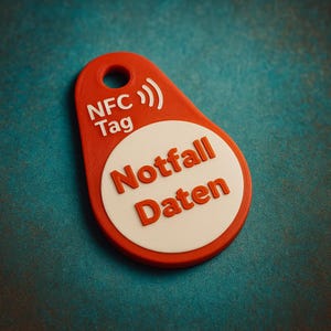 Könnte beinhalten: Ein rotes NFC-Tag mit dem Text "NFC Tag" und "Notfall Daten" in Weiß. Das Tag hat einen kreisförmigen weißen Mittelpunkt mit den deutschen Wörtern "Notfall Daten" in Rot. Das Tag liegt auf einer türkisfarbenen Oberfläche.