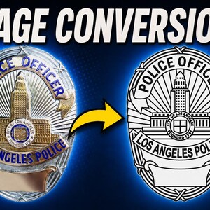 Könnte beinhalten: Eine Grafik mit dem Text IMAGE CONVERSIONS über einem metallischen Abzeichen eines Polizeibeamten aus Los Angeles links und dessen schwarz-weißer Strichzeichnung rechts, verbunden durch einen gelben Pfeil, der vom Abzeichen zur Zeichnung zeigt.