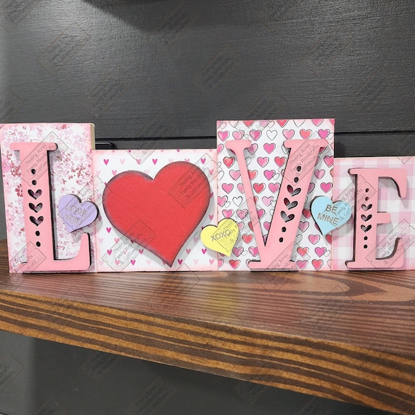 LOVE Chunky Shelf Sitter Mantel Decor Standing Wood Sign Gift Valentine decor Candy Heart decor Block words Heart decor personalized words