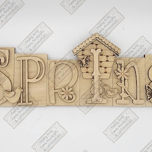 DIY RAW Wood Kit SPRING Birdhouse Chunky Shelf Sitter, Mantel Decor, Standing Wood Sign, Gift, Spring decor, Block words