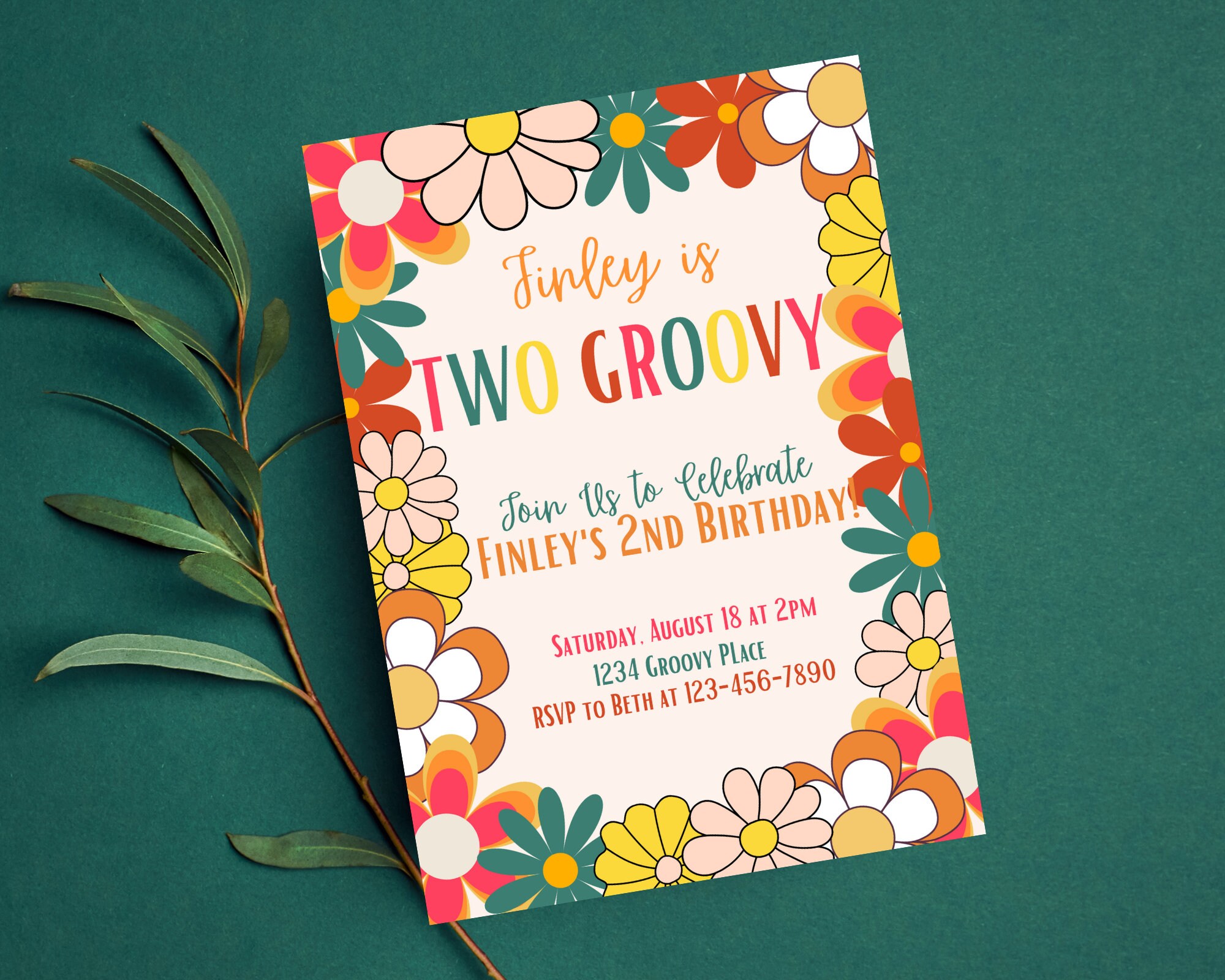 Flower Power Two Groovy Birthday Party Invitation TemplateGirl Retro 2nd Birthday ThemeFloral Birthday Party70s Editable