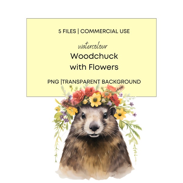 Watercolor Woodchuck with Flowers, Woodchuck Illustration - 5 High Quality PNG Transparent Background