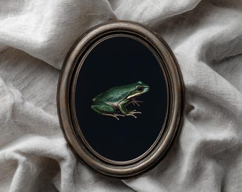 May include: An oval-shaped frame with a metallic finish containing a dark background and a detailed illustration of a green frog. The frog is depicted in profile, showing its smooth skin, dark eyes, and slender limbs against the black backdrop.
