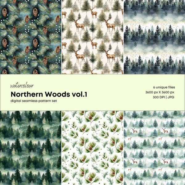 Watercolor Northern Woods Digital Paper Set vol.1 | Seamless Patterns |Scrapbook Papers| Digital Background | Printable Paper Set JPG