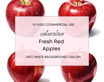 Fresh Red Apples Watercolor, 10 High Quality JPG with White Background