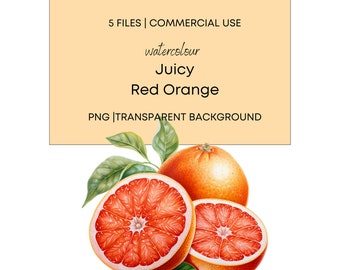 Watercolor Juicy Red Oranges, 5 High Quality PNG with Transparent Background