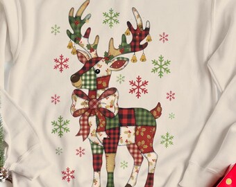 Reindeer patchwork png clipart, preppy patchwork png, Christmas girly png, faux embroidery png, Christmas florals png