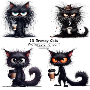 15 Watercolor Frazzled Cat PNG Clip Art Bundle, High Res for Junk Journaling, Scrapbooking, Card Making, Digital Download Kit, Quirky Cat
