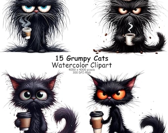 May include: A set of 15 digital watercolor illustrations of grumpy black cats with various expressions. Each cat is holding a cup of coffee. The illustrations are perfect for adding a touch of humor to your projects.