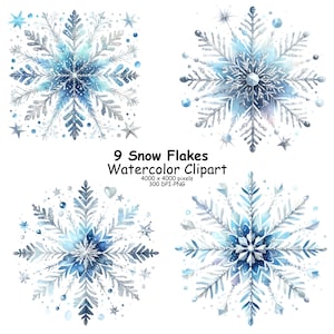 9 Watercolor Silver Blue Glitter Snowflake Png Clipart Bundle, Sublimation Design, Christmas Png, Winter Png, T-Shirt Design, Sweatshirt Png