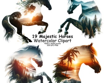 May include: A set of 19 watercolor clipart images of horses with nature scenes layered inside their silhouettes. The horses are in various poses, and the nature scenes include forests, mountains, sunsets, and beaches. The images are 4000 x 4000 pixels and 300 DPI.