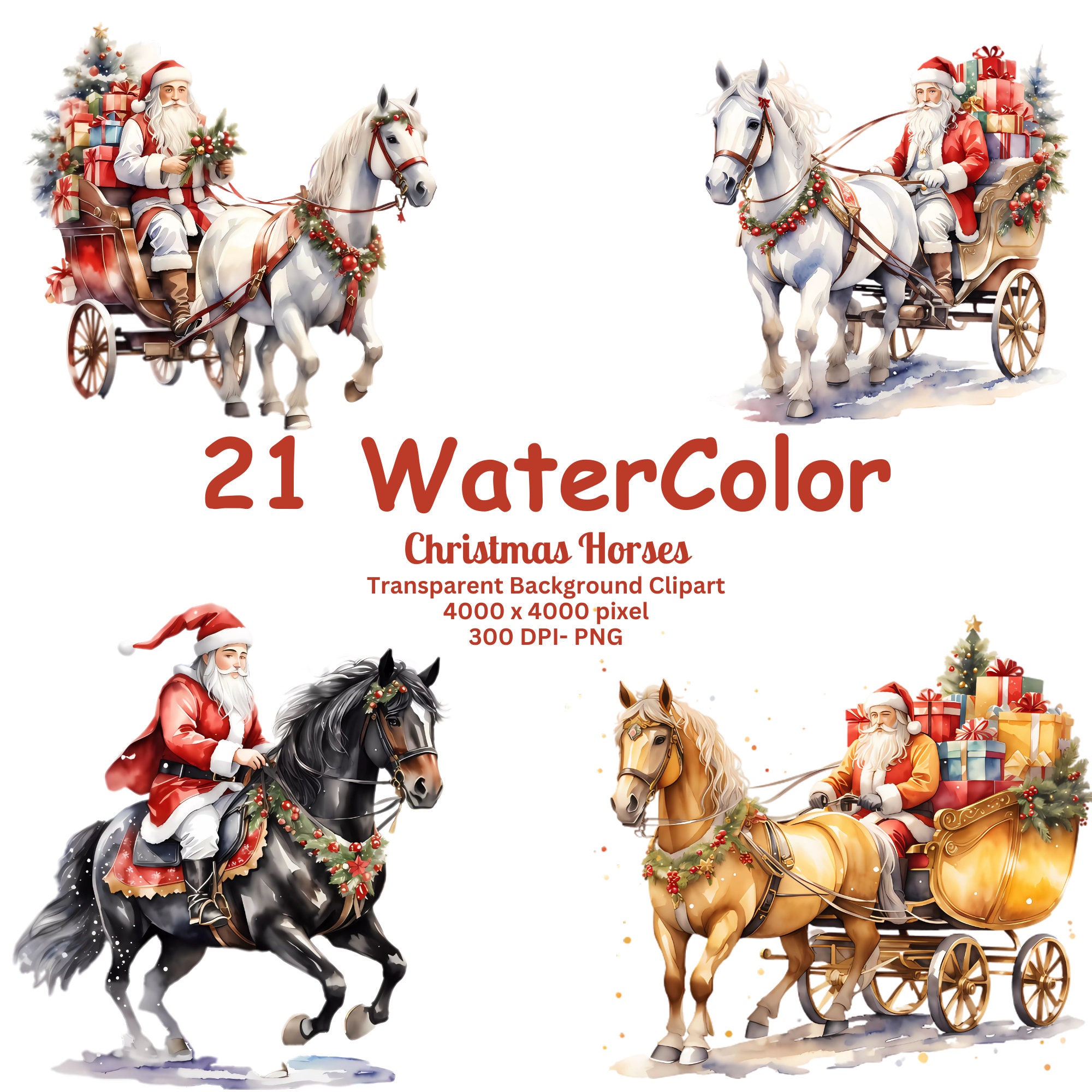 21 Water Color Christmas Horse Clipart Bundle. Transparent Background ...
