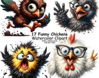 17 Watercolor Funny Cute Chicken Clipart Bundle, Funny Chicken Png Sublimation, Watercolor Chicken, Baby Chicken Clipart, Chick Clipart Png