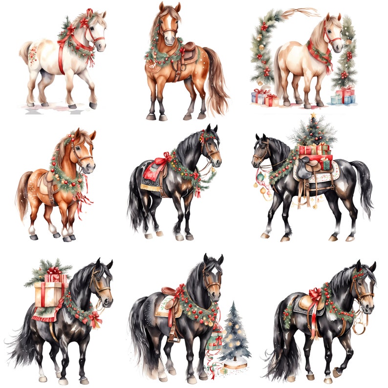 21 Water Color Christmas Horse Clipart Bundle. Transparent Background ...