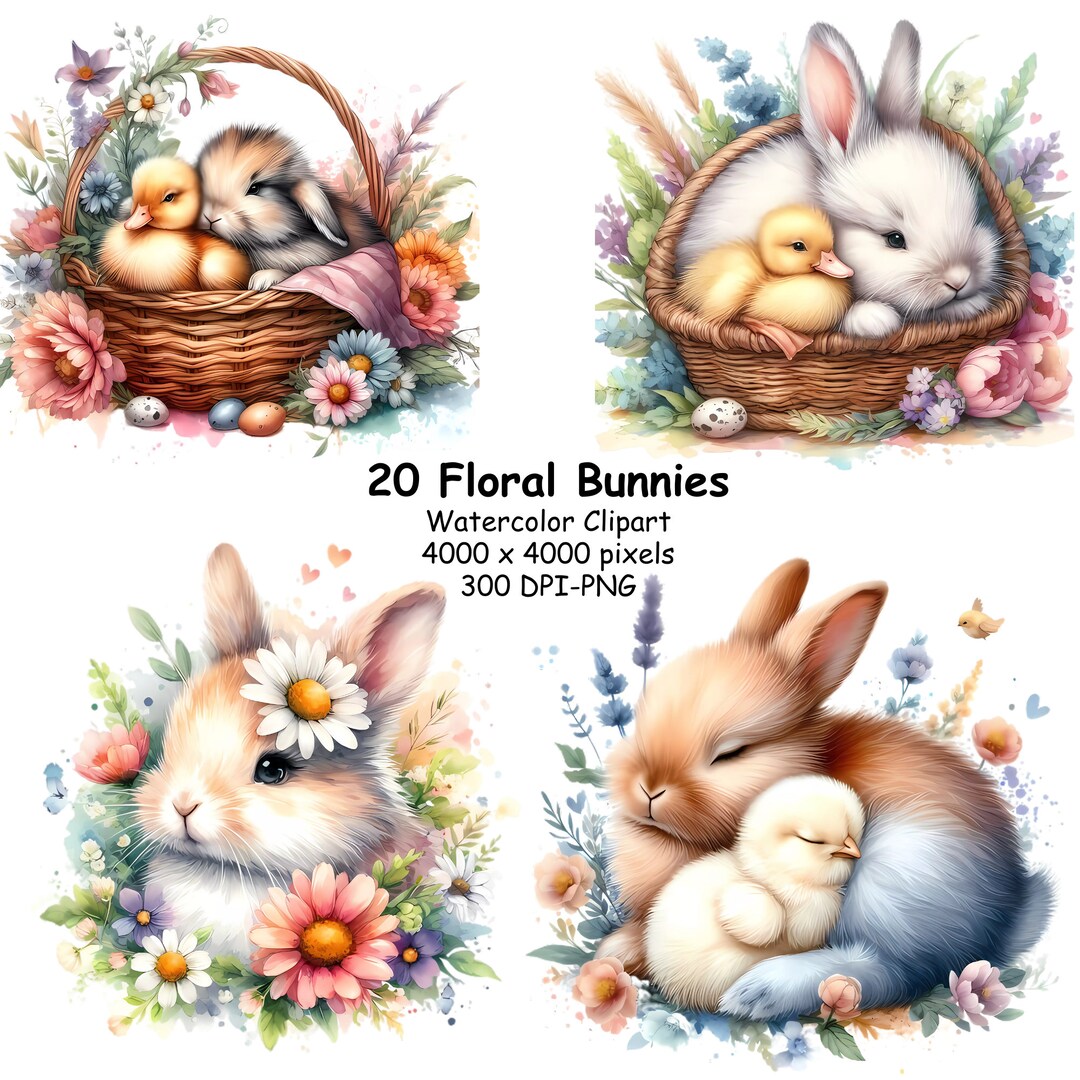 20 Cute Watercolor Floral Bunny Clipart Bundle. High Quality Pngs ...