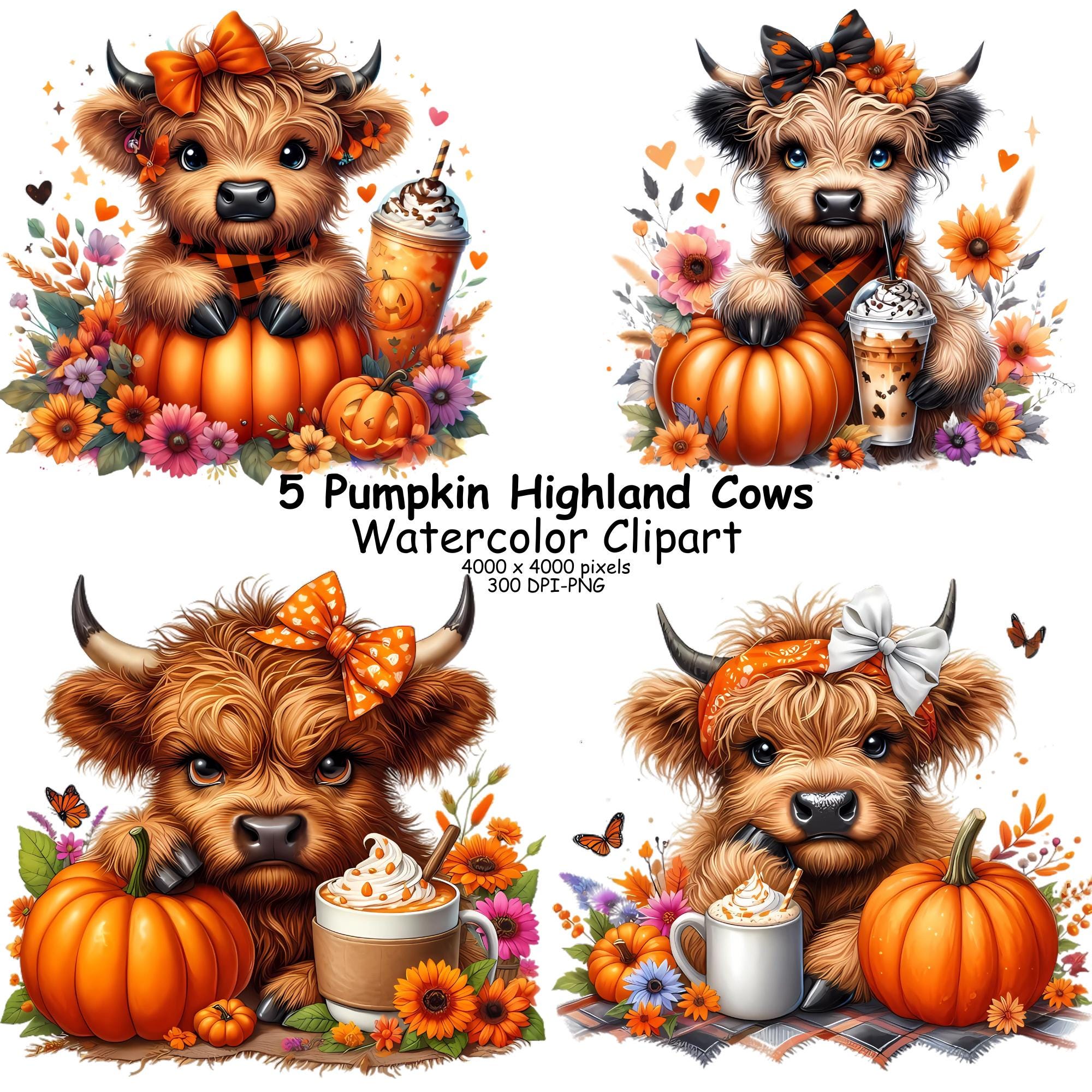 5 Pumpkin Highland Cow PNG, Fall Png Clipart, Highland Cow Halloween ...