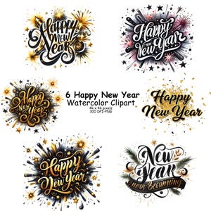 6 つの幸せな新年の水彩画のクリップアート バンドル、透明な背景、T シャツのデザイン、ギフト カード、帽子、高品質の PNG クリップアート。