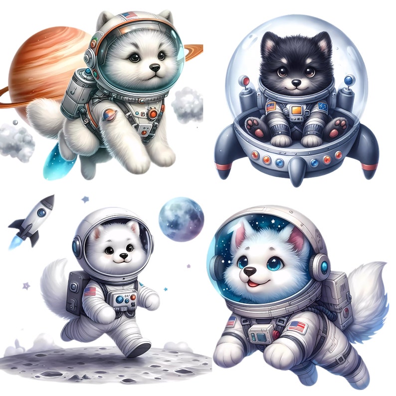 Watercolor Space Wolves Clipart Bundle, Puppy Astronaut PNG (digital ...