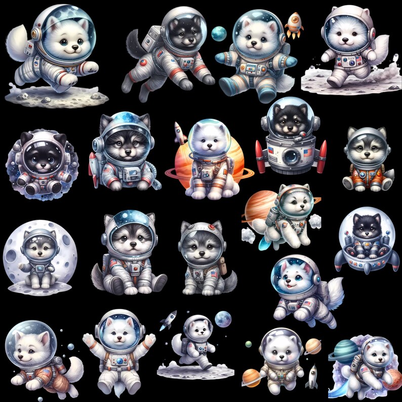 Watercolor Space Wolves Clipart Bundle, Puppy Astronaut PNG (digital ...