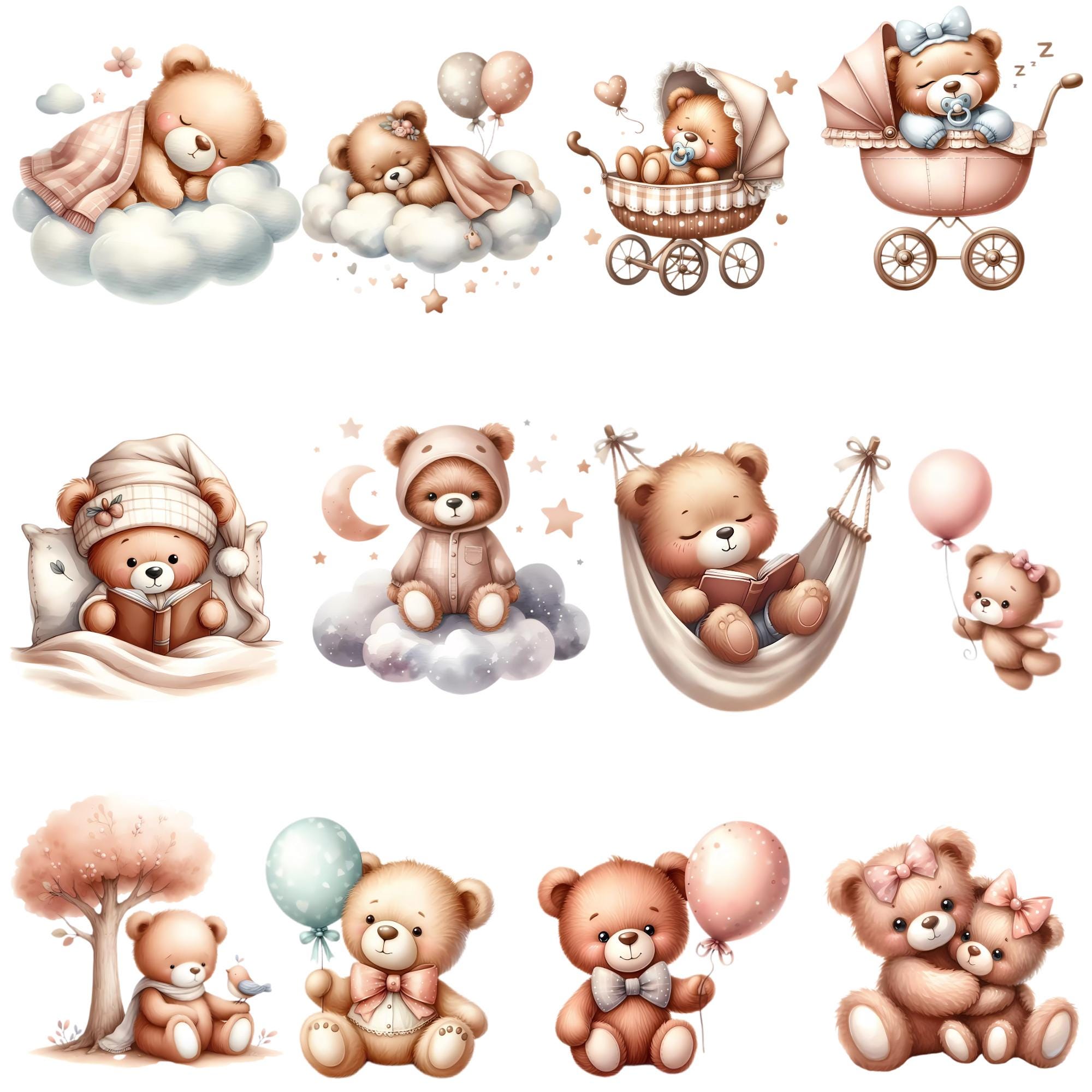 27 Teddy Bear Watercolor PNG Clipart Bundle, Neutral Baby Shower ...