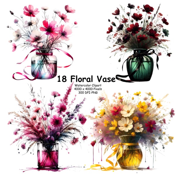 18 Vase of Flowers  Alcohol ink, Watercolor Clipart Bundle, High Quality PNG Download - Card Making, Mixed Media, Digital Paper Craft