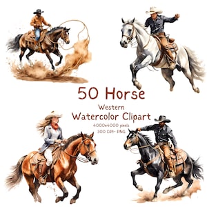 50 Watercolor Horses Clipart Bundle, Western Rodeo Cowboys/Cowgirls Clipart Bundle. Commercial Use 4k, PNG Digital Download.