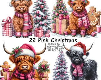Könnte beinhalten: Ein Set aus vier digitalen Illustrationen mit Highland-Kühen, die Weihnachtsmützen und rosa Schals tragen. Die Kühe sind von rosa Weihnachtsbäumen, Geschenken und Ornamenten umgeben. Der Text "22 Pink Christmas" ist oben im Bild zu sehen.