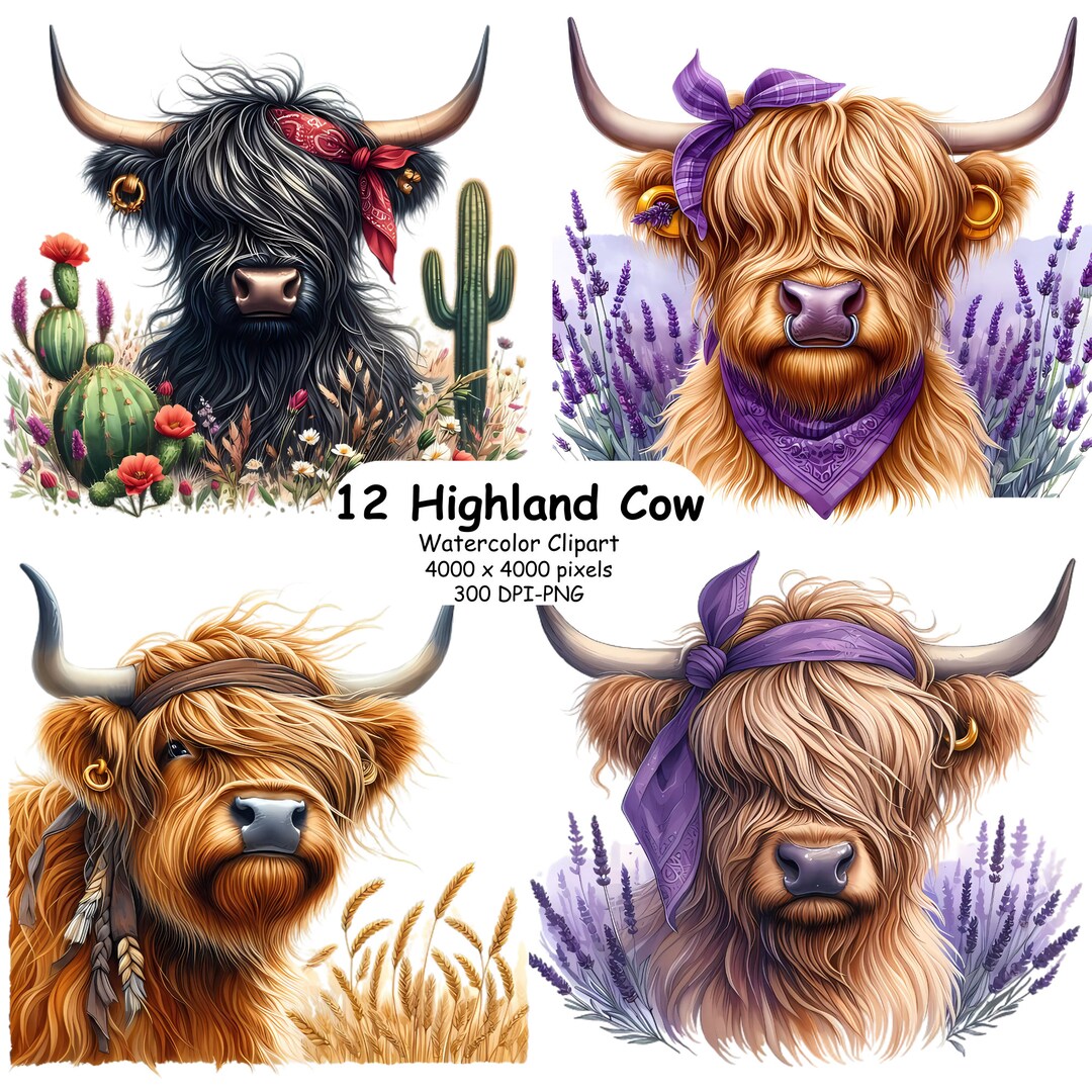 Watercolor Highland Cow Clipart Bundle, Wildflower Pngs (commercial Use ...