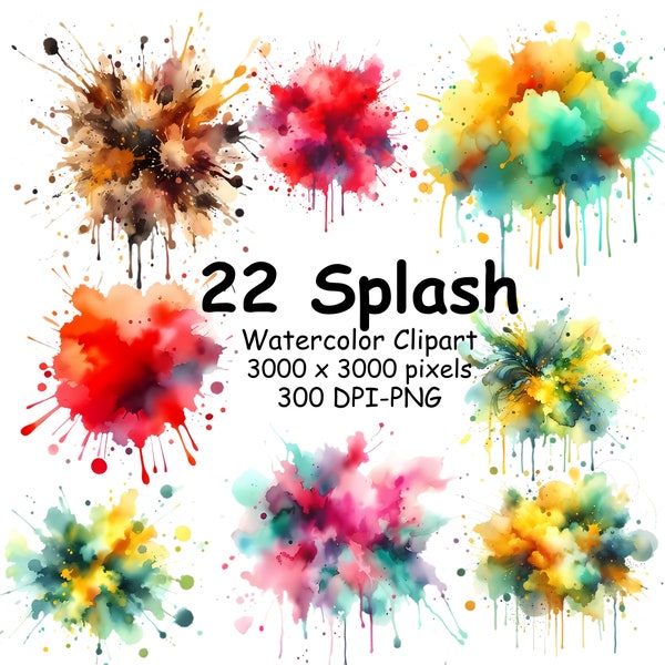 22 Watercolor Color Splash Clipart Bundle. Transparent PNG Paint Splatter, Abstract Clipart Vol.2 Commercial Use Instant Download