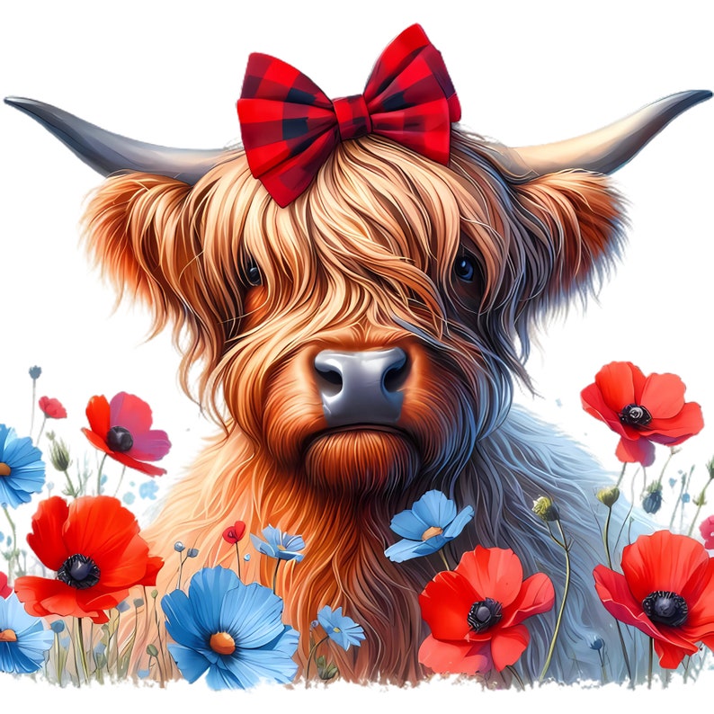 11 Watercolor Highland Cow With Poppy Flowers Clipart Bundle V.3, High ...