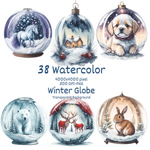 38 Winter Watercolor Globe Clipart Bundle. Winter Animals PNG Clipart. Transparent Background. High Resolution. Commercial Use.