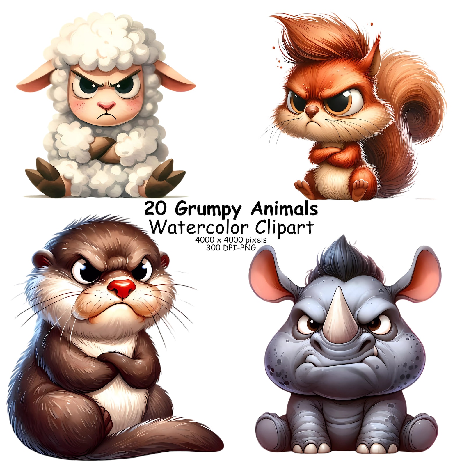 20 Watercolor Grumpy Animals Pngs Clipart Bundle, High Quality, Instant ...