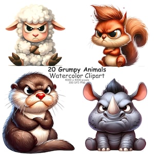 20 Watercolor Grumpy Animals PNGs Clipart Bundle, High Quality, Instant Download, Commercial Use, Cartoon Pet prints, Funny Cat Printable