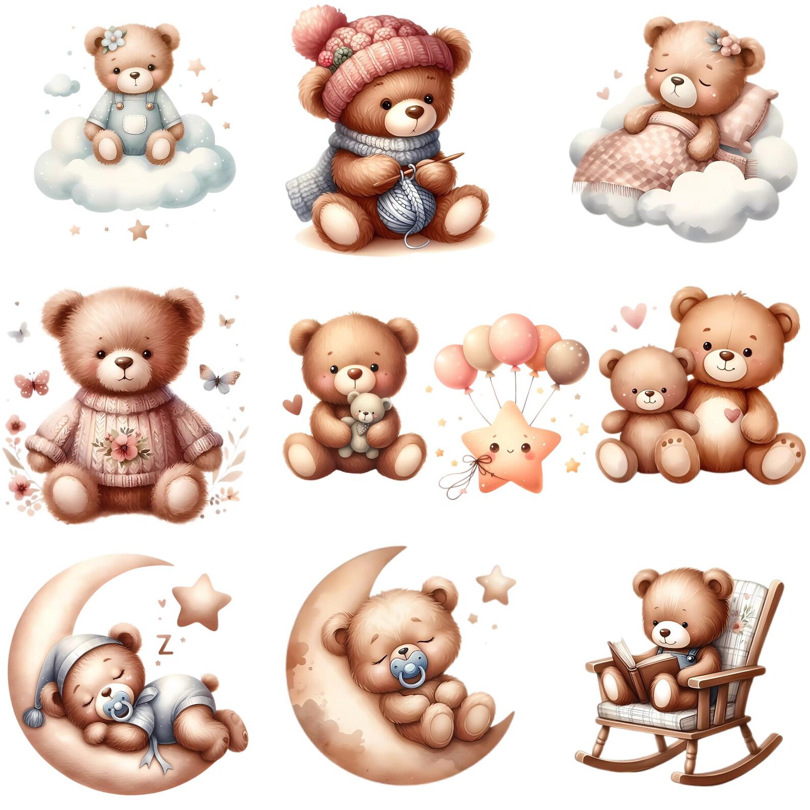 27 Teddy Bear Watercolor PNG Clipart Bundle, Neutral Baby Shower ...