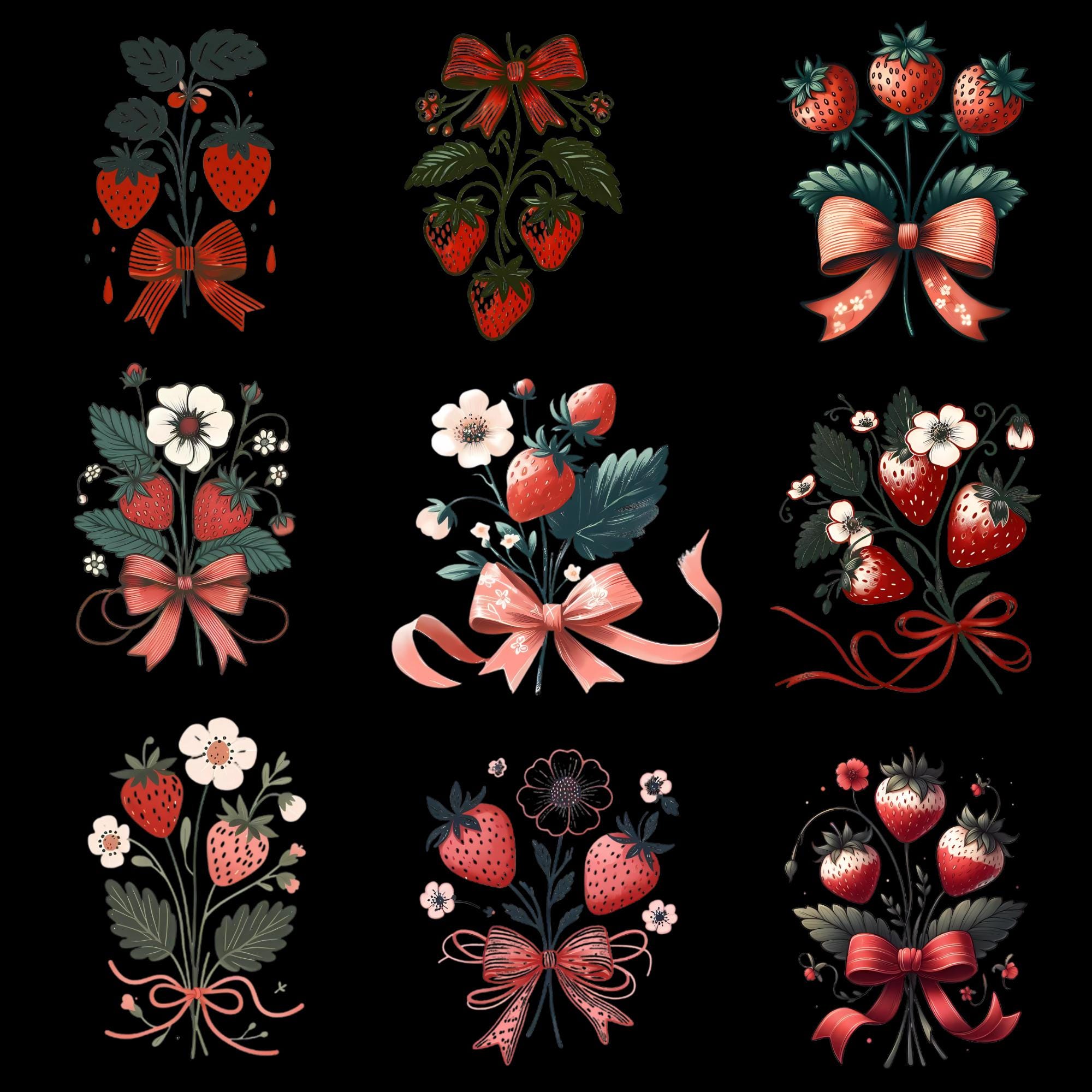 9 Boho Strawberries Coquette Bow PNG Clipart, Valentine PNG, Valentines