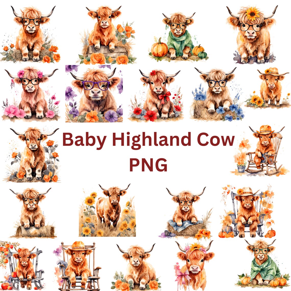 Baby Highland Cow PNG Clipart Bundle, Watercolor Style (digital ...